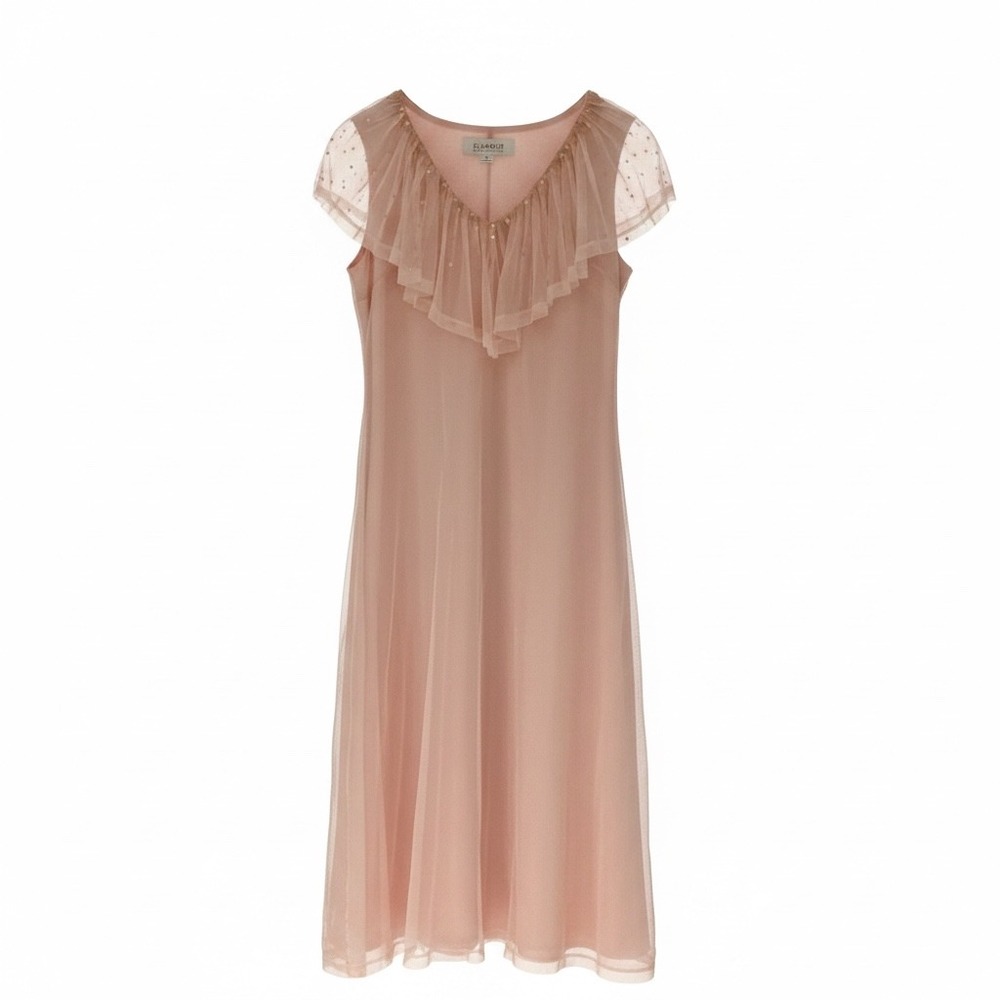 American Glamour Badgley Mischka Pink Mesh Sequin Ruffle Midi Dress  Medium - Picture 2 of 8